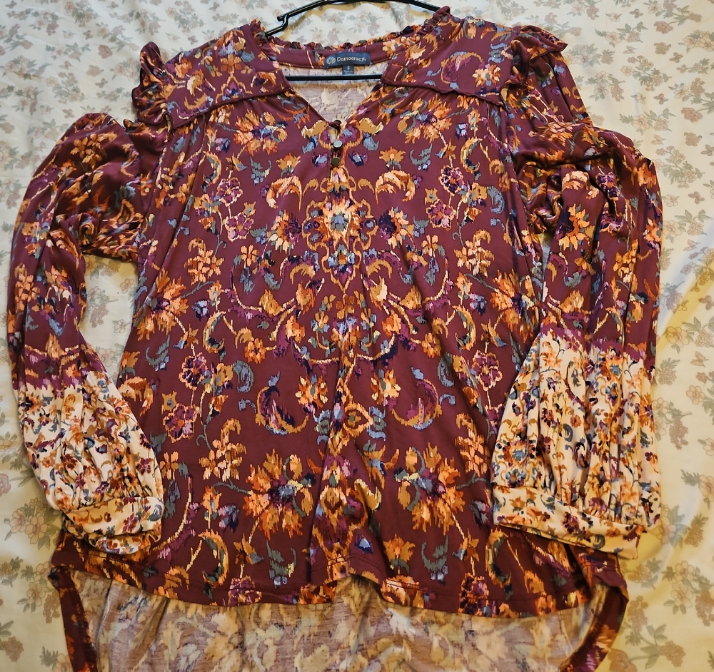 Democracy Plum Floral Button-Front Ruffle Blouse